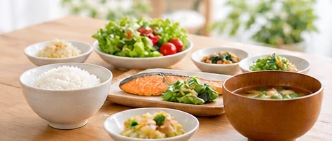 野菜や主食、おかずを組み合わせた食卓